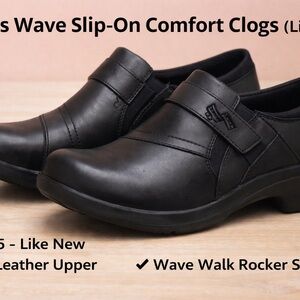 Clarks Wave Slip-On Black Leather Comfort Clogs (Like New)
